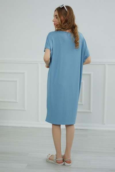 Yırtmaçlı Kısa Elbise,ELB-4 Mavi - Thumbnail