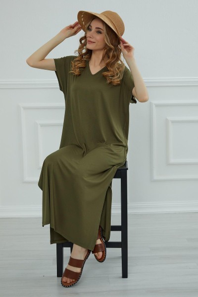 Moda Çizgi - Yırtmaçlı Uzun Elbise,ELB-3 Haki Yeşili