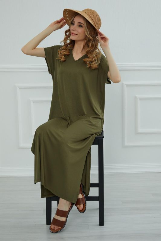 Yırtmaçlı Uzun Elbise,ELB-3 Haki Yeşili - 1
