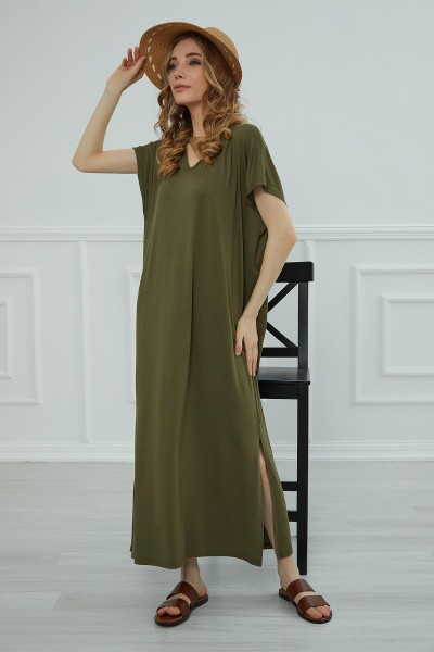 Yırtmaçlı Uzun Elbise,ELB-3 Haki Yeşili - Thumbnail