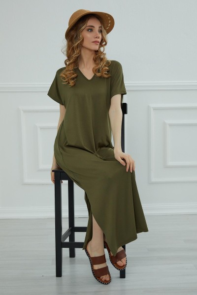 Yırtmaçlı Uzun Elbise,ELB-3 Haki Yeşili - Thumbnail