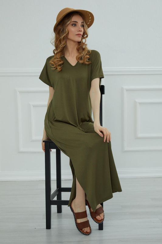 Yırtmaçlı Uzun Elbise,ELB-3 Haki Yeşili - 6