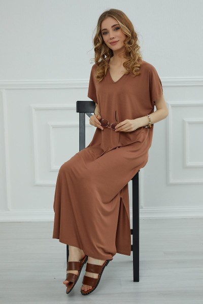 Moda Çizgi - Yırtmaçlı Uzun Elbise,ELB-3 Koyu Kahverengi
