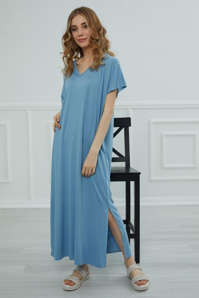 Moda Çizgi - Yırtmaçlı Uzun Elbise,ELB-3 Mavi