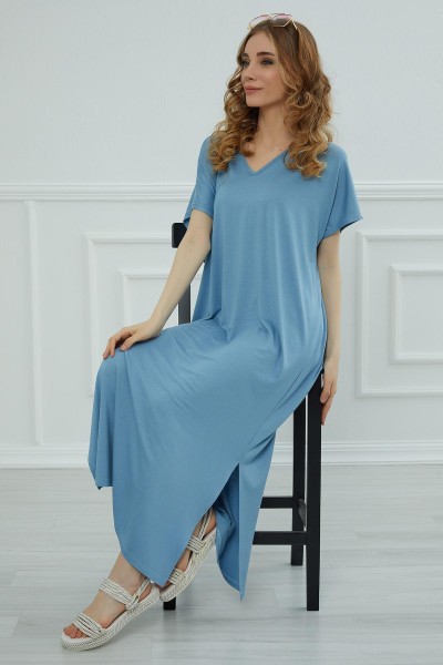 Yırtmaçlı Uzun Elbise,ELB-3 Mavi - Thumbnail