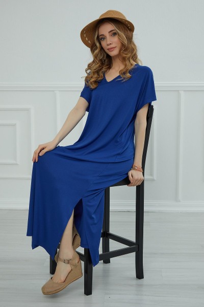 Moda Çizgi - Yırtmaçlı Uzun Elbise,ELB-3 Saks Mavisi