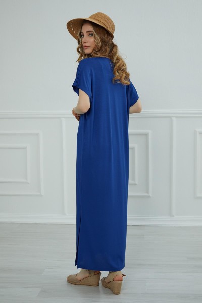 Yırtmaçlı Uzun Elbise,ELB-3 Saks Mavisi - Thumbnail