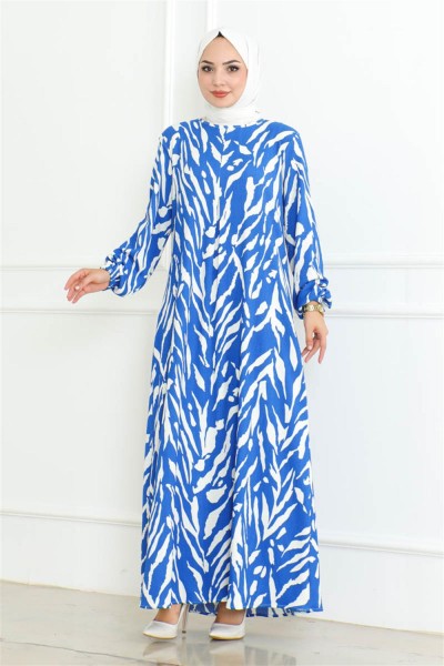 Zebra Desen Tesettür Elbise MAVİ - Thumbnail