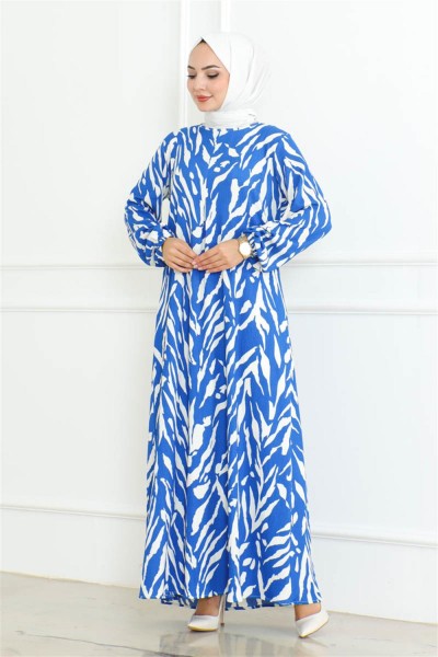 Zebra Desen Tesettür Elbise MAVİ - Thumbnail
