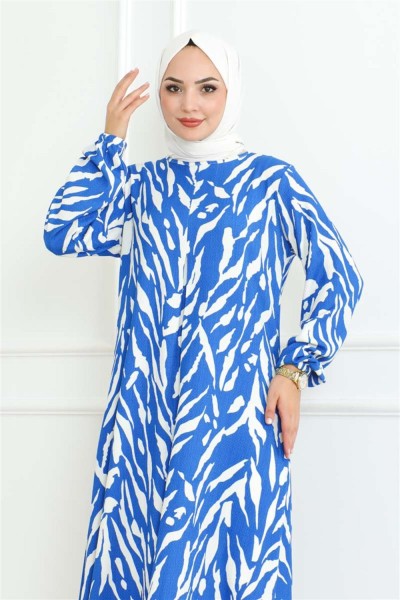 Zebra Desen Tesettür Elbise MAVİ - Thumbnail