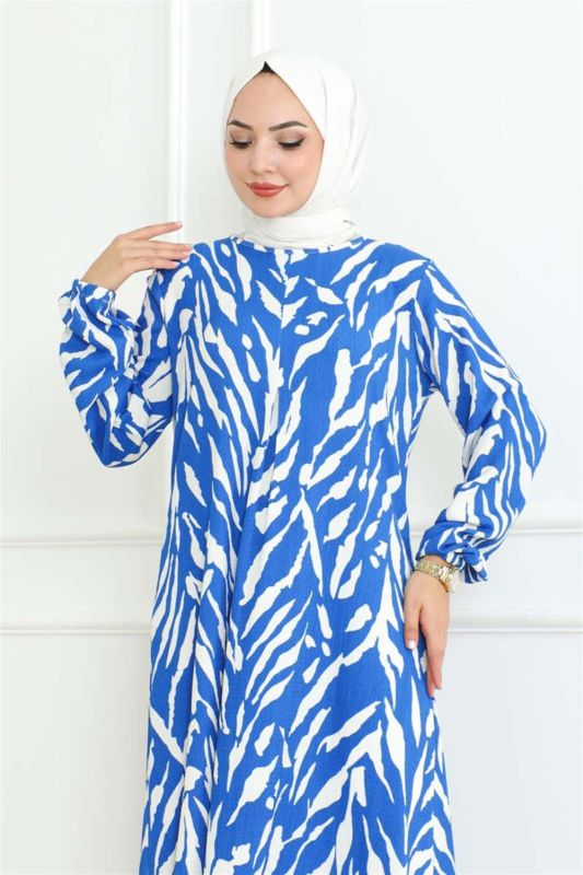 Zebra Desen Tesettür Elbise MAVİ - 6