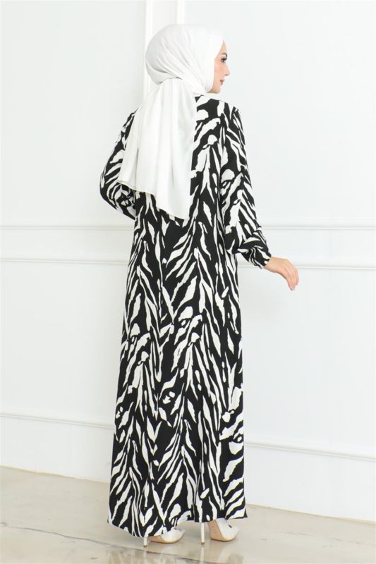 Zebra Desen Tesettür Elbise SİYAH - 3