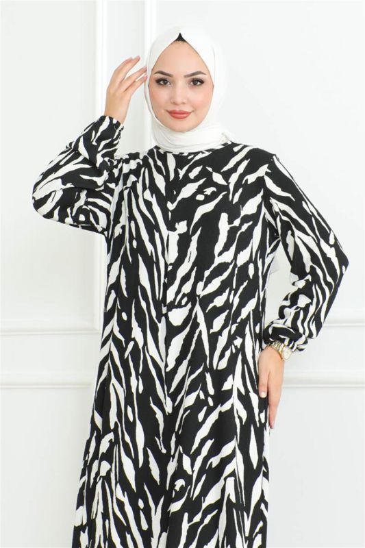 Zebra Desen Tesettür Elbise SİYAH - 4