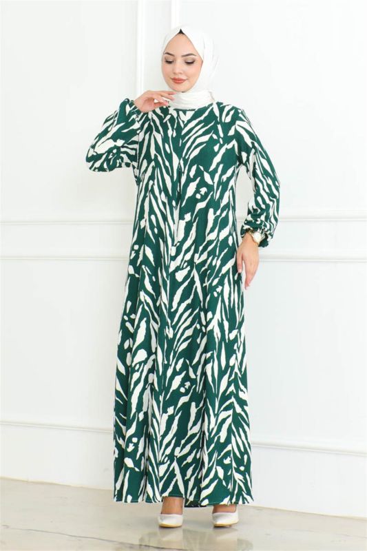 Zebra Desen Tesettür Elbise YEŞİL - 1