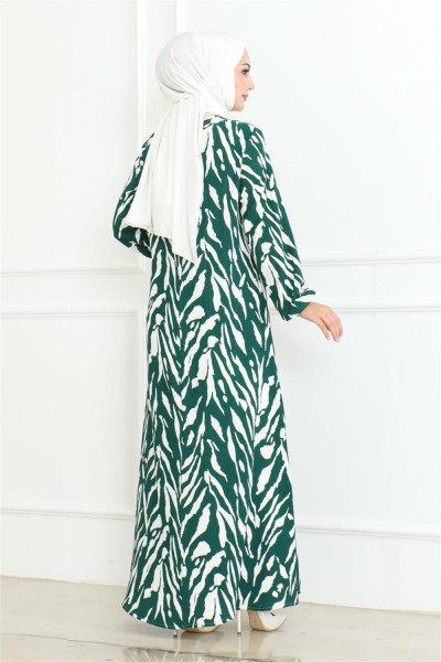 Zebra Desen Tesettür Elbise YEŞİL - Thumbnail