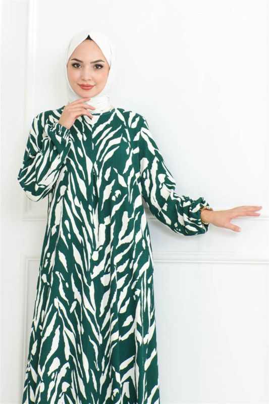 Zebra Desen Tesettür Elbise YEŞİL - 4