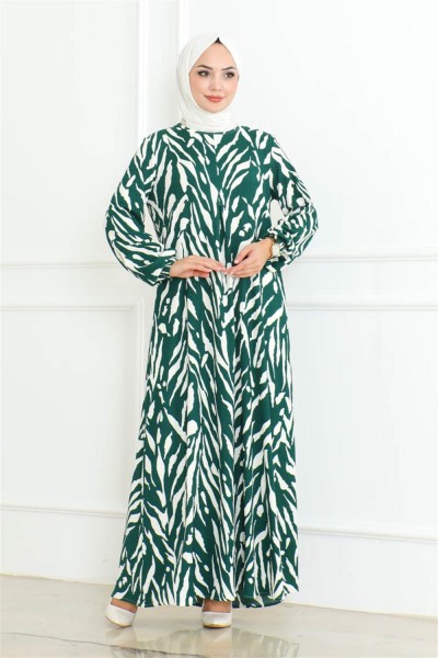 Zebra Desen Tesettür Elbise YEŞİL - Thumbnail