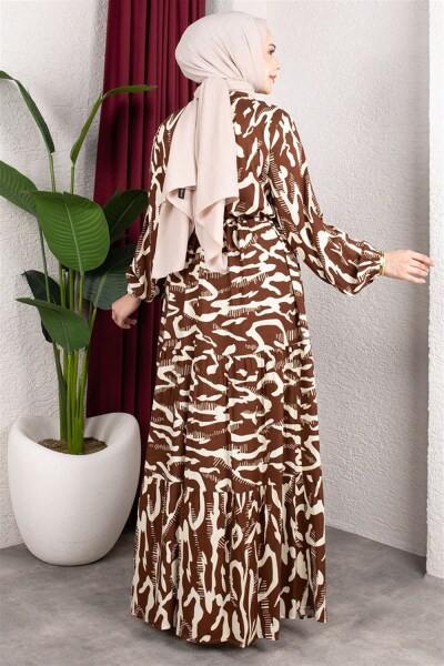 Zebra Desenli Viskon Elbise KAHVERENGİ - 4
