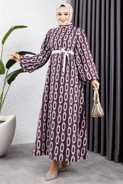 Zincir Desenli Tesettür Elbise BORDO - Thumbnail