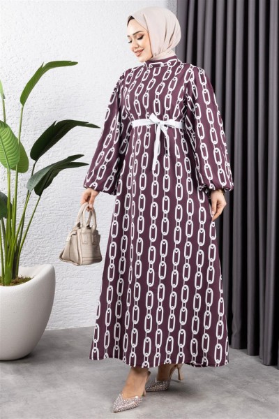 Zincir Desenli Tesettür Elbise BORDO - Thumbnail