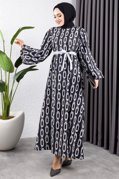 Zincir Desenli Tesettür Elbise SİYAH - Thumbnail