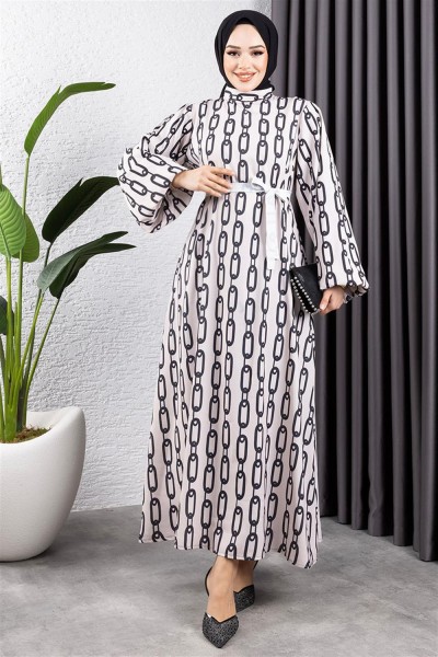 Zincir Desenli Tesettür Elbise VİZON - Thumbnail