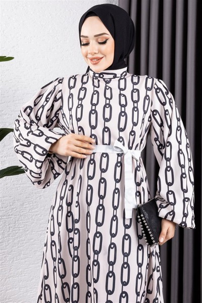 Zincir Desenli Tesettür Elbise VİZON - Thumbnail