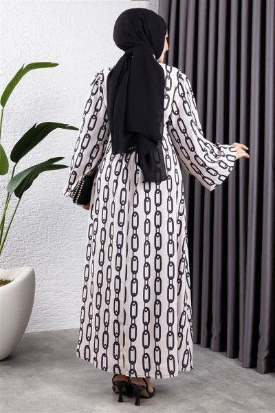 Zincir Desenli Tesettür Elbise VİZON - Thumbnail